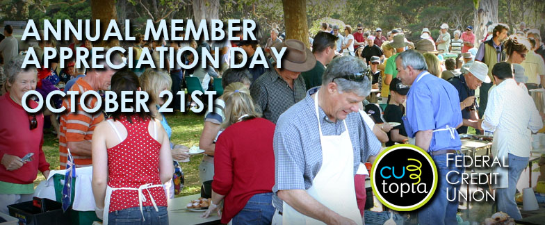 Annual Member Appreciation Day, October 21st. Image of credit union members standing outdoors, cooking and eating barbeque.